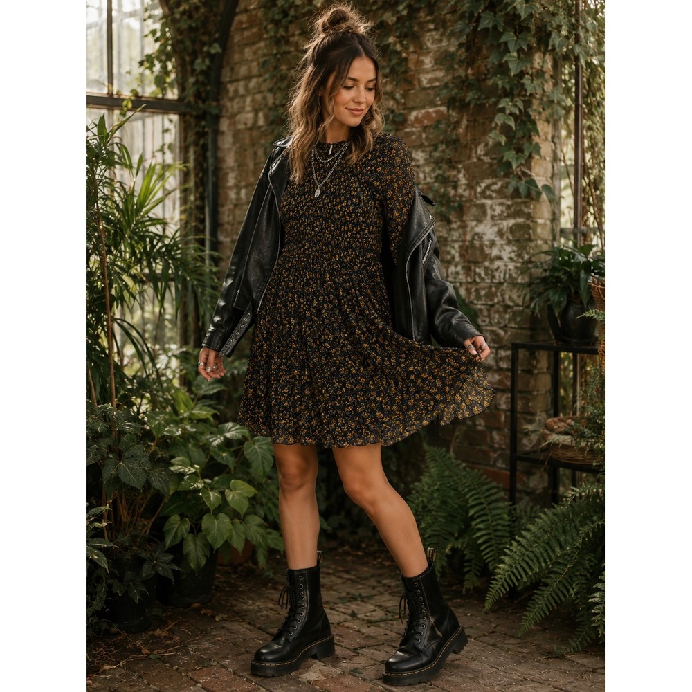 Free People Black Yellow Floral Smocked Sheer Long Sleeve Midi Dress XS